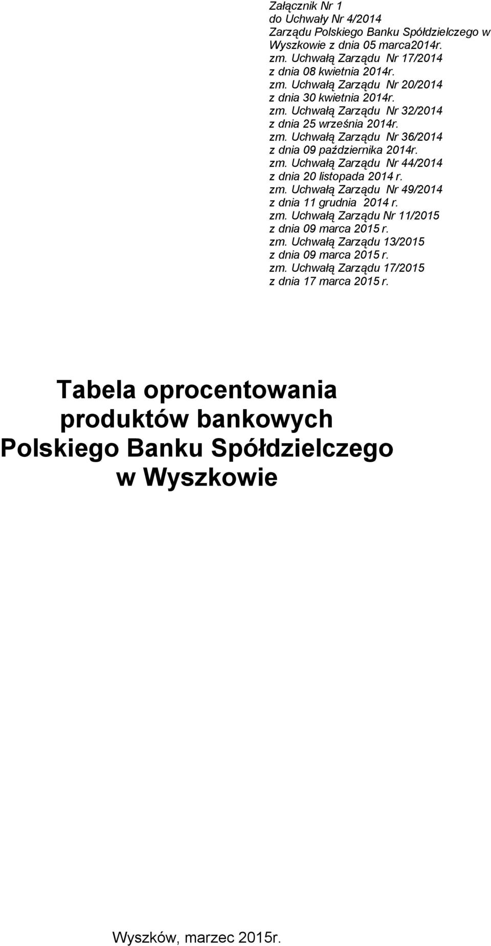 zm. Uchwałą Zarządu Nr 11/2015 z dnia 09 marca 2015 r. zm. Uchwałą Zarządu 13/2015 z dnia 09 marca 2015 r. zm. Uchwałą Zarządu 17/2015 z dnia 17 marca 2015 r.