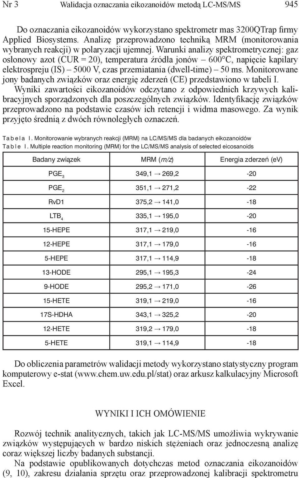 Warunki analizy spektrometrycznej: gaz osłonowy azot (CUR = 20), temperatura źródła jonów 600 C, napięcie kapilary elektrospreju (IS) 5000 V, czas przemiatania (dwell-time) 50 ms.