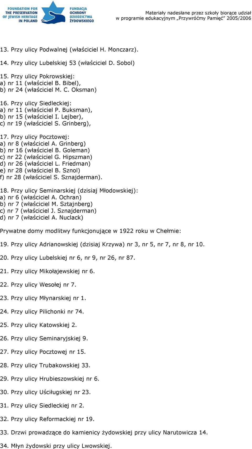 Grinberg) b) nr 16 (właściciel B. Goleman) c) nr 22 (właściciel G. Hipszman) d) nr 26 (właściciel L. Friedman) e) nr 28 (właściciel B. Sznol) f) nr 28 (właściciel S. Sznajderman). 18.