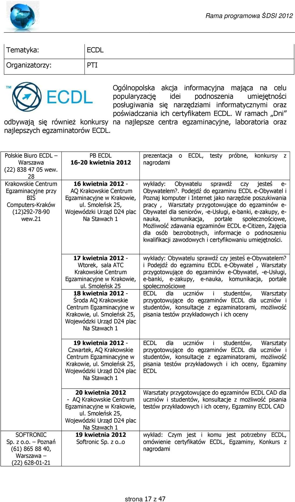 28 Krakowskie Centrum Egzaminacyjne przy BIŚ Computers-Kraków (12)292-78-90 wew.21 PB ECDL 16-20 kwietnia 2012 16 kwietnia 2012 - AQ Krakowskie Centrum Egzaminacyjne w Krakowie, ul.