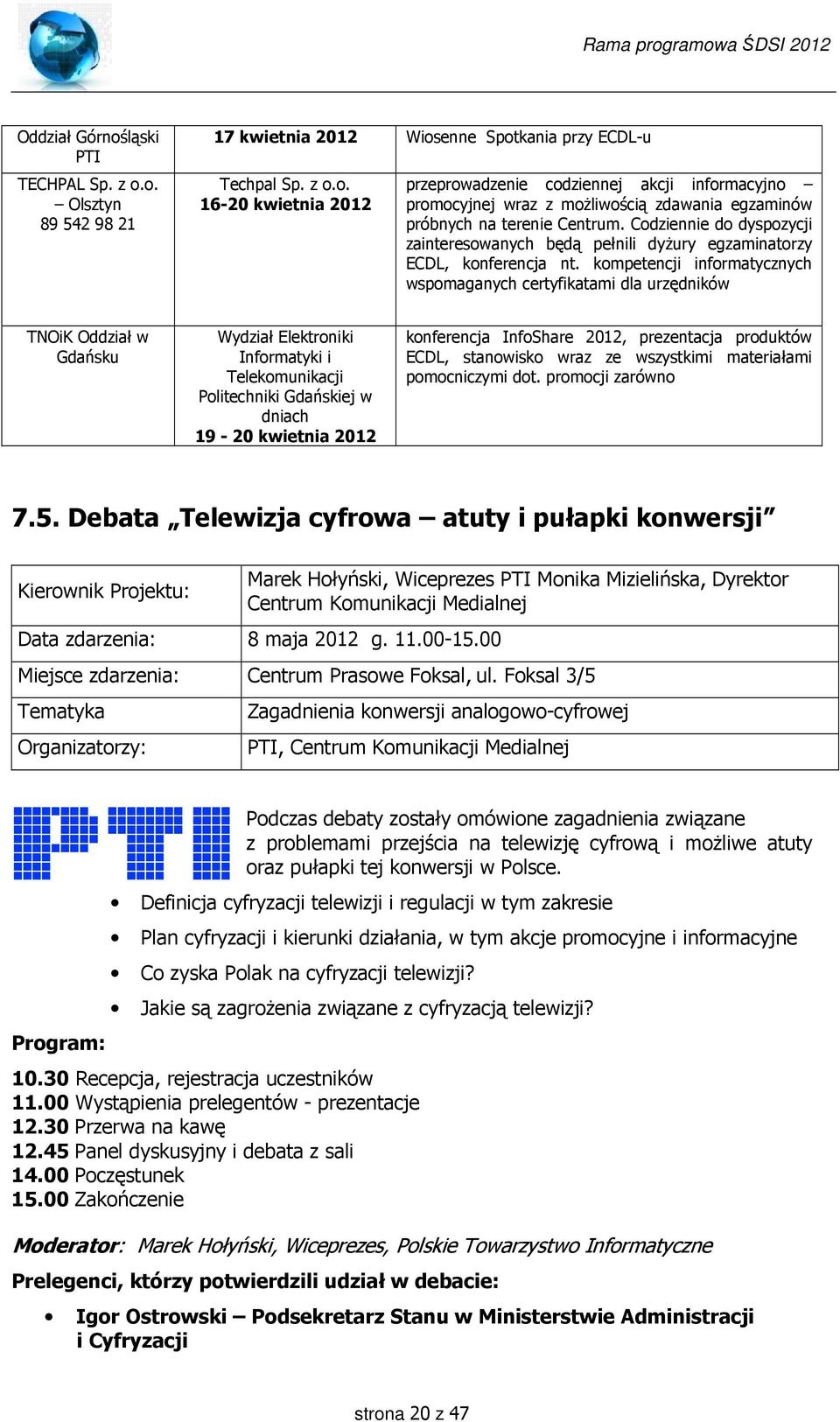 kompetencji informatycznych wspomaganych certyfikatami dla urzędników TNOiK Oddział w Gdańsku Wydział Elektroniki Informatyki i Telekomunikacji Politechniki Gdańskiej w dniach 19-20 kwietnia 2012