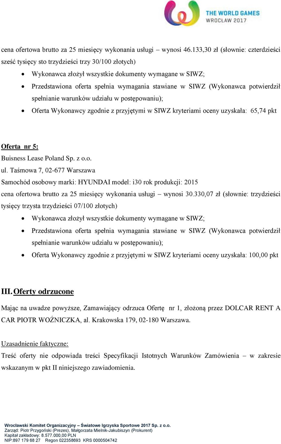 Poland Sp. z o.o. ul. Taśmowa 7, 02-677 Warszawa cena ofertowa brutto za 25 miesięcy wykonania usługi wynosi 30.