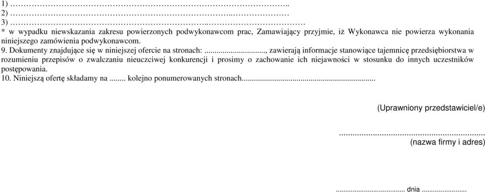 zamówienia podwykonawcom. 9. Dokumenty znajdujące się w niniejszej ofercie na stronach:.