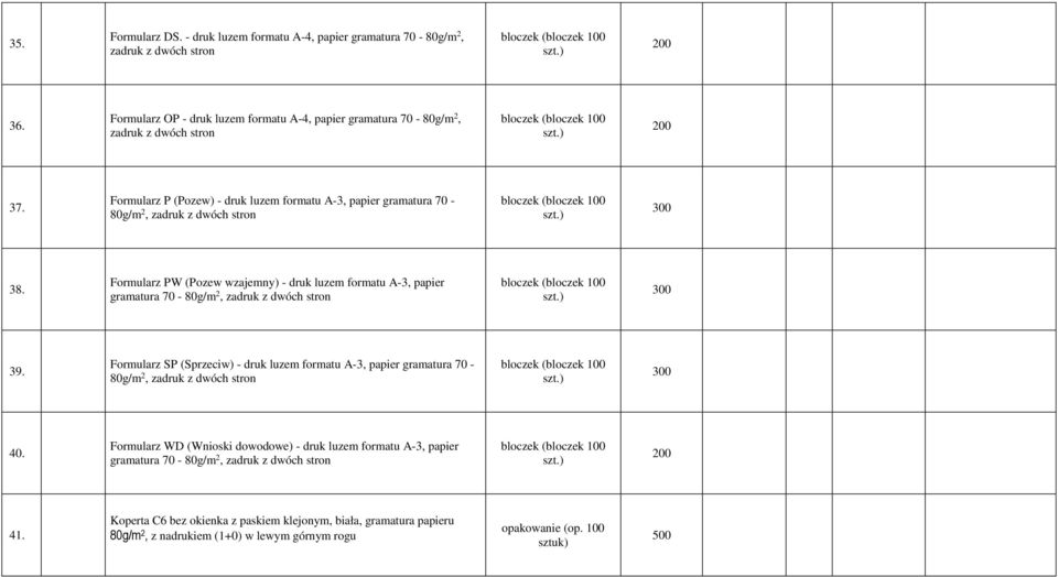 Formularz P (Pozew) - druk luzem formatu A-3, papier gramatura 70-80g/m 2, zadruk z dwóch stron 38.