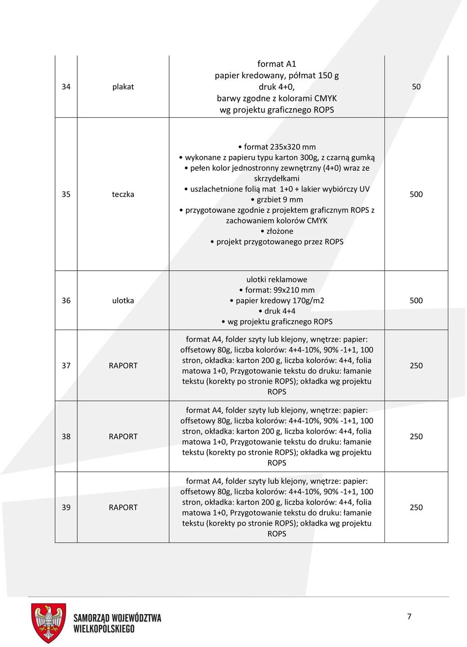 kolorów CMYK złożone projekt przygotowanego przez ROPS 36 ulotka 37 RAPORT 38 RAPORT 39 RAPORT ulotki reklamowe format: 99x210 mm papier kredowy 170g/m2 druk 4+4 wg projektu graficznego ROPS format