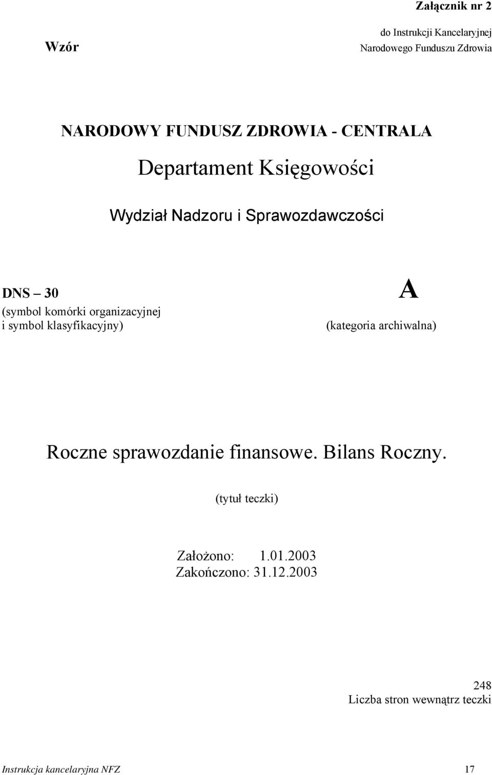 i symbol klasyfikacyjny) A (kategoria archiwalna) Roczne sprawozdanie finansowe. Bilans Roczny.