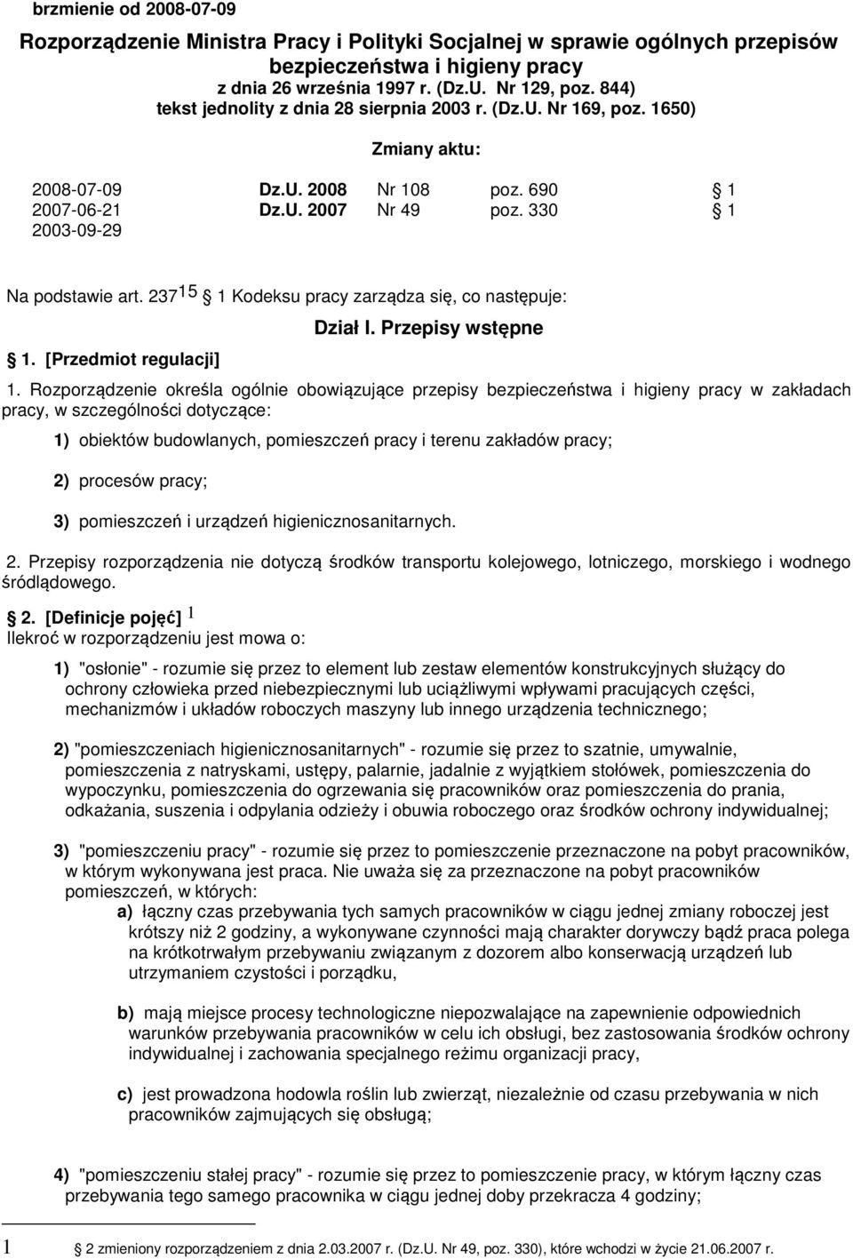 237 15 1 Kodeksu pracy zarządza się, co następuje: 1. [Przedmiot regulacji] Dział I. Przepisy wstępne 1.