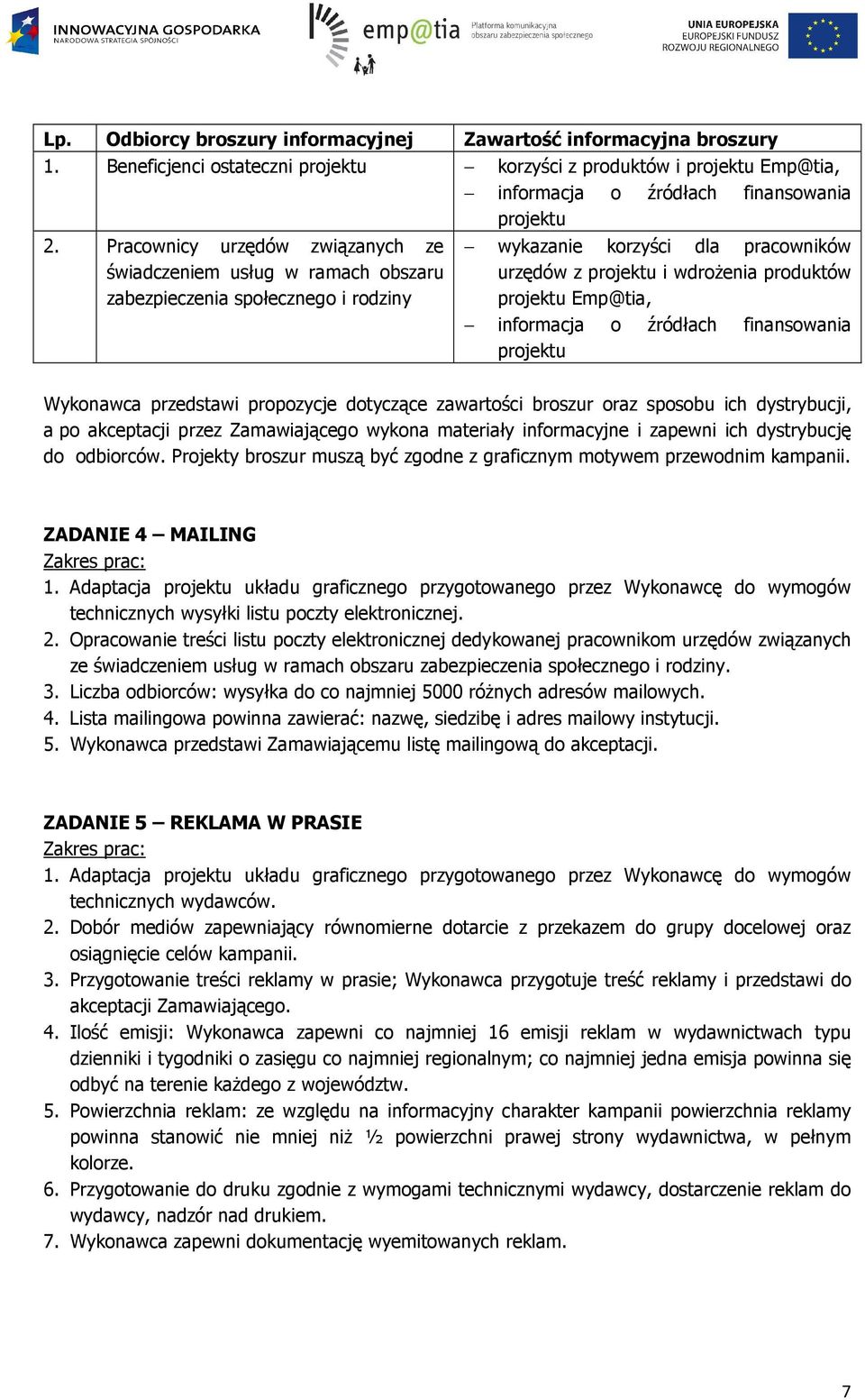 informacja o źródłach finansowania projektu Wykonawca przedstawi propozycje dotyczące zawartości broszur oraz sposobu ich dystrybucji, a po akceptacji przez Zamawiającego wykona materiały