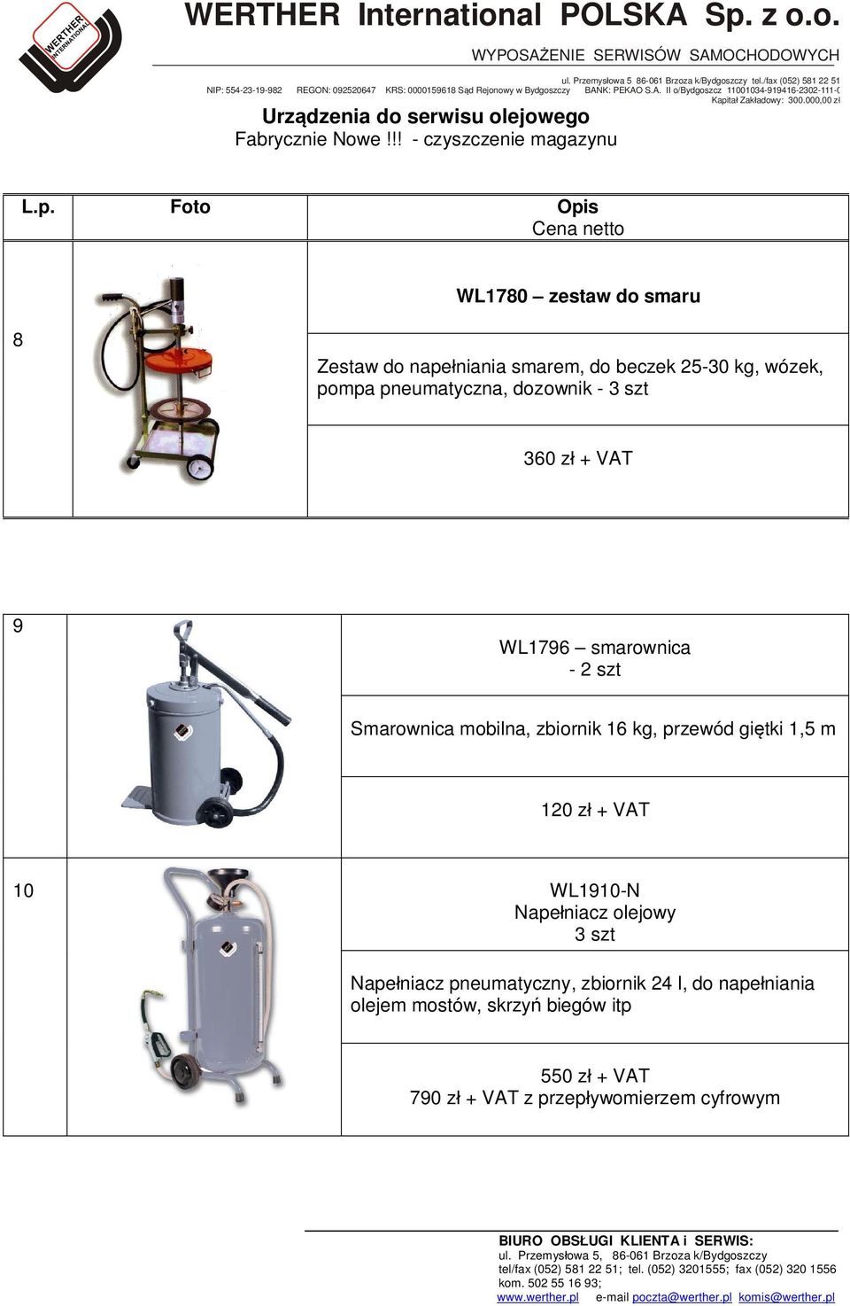 dozownik - 3 szt 360 zł + VAT 9 WL1796 smarownica - 2 szt Smarownica mobilna, zbiornik 16 kg, przewód giętki 1,5 m 120 zł +