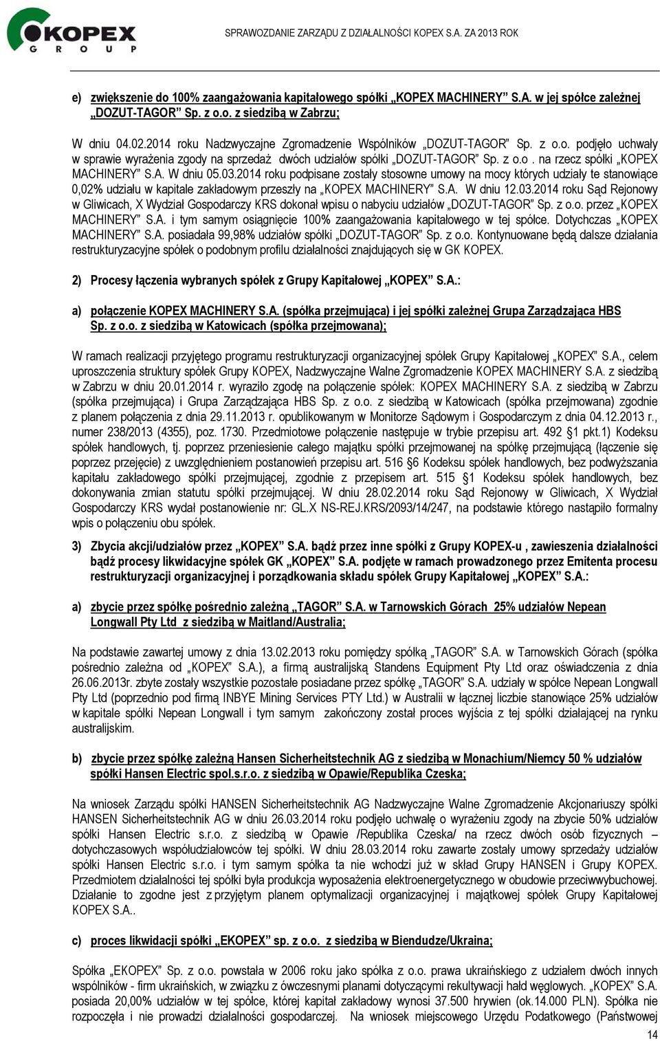 A. W dniu 05.03.2014 roku podpisane zostały stosowne umowy na mocy których udziały te stanowiące 0,02% udziału w kapitale zakładowym przeszły na KOPEX MACHINERY S.A. W dniu 12.03.2014 roku Sąd Rejonowy w Gliwicach, X Wydział Gospodarczy KRS dokonał wpisu o nabyciu udziałów DOZUT-TAGOR Sp.