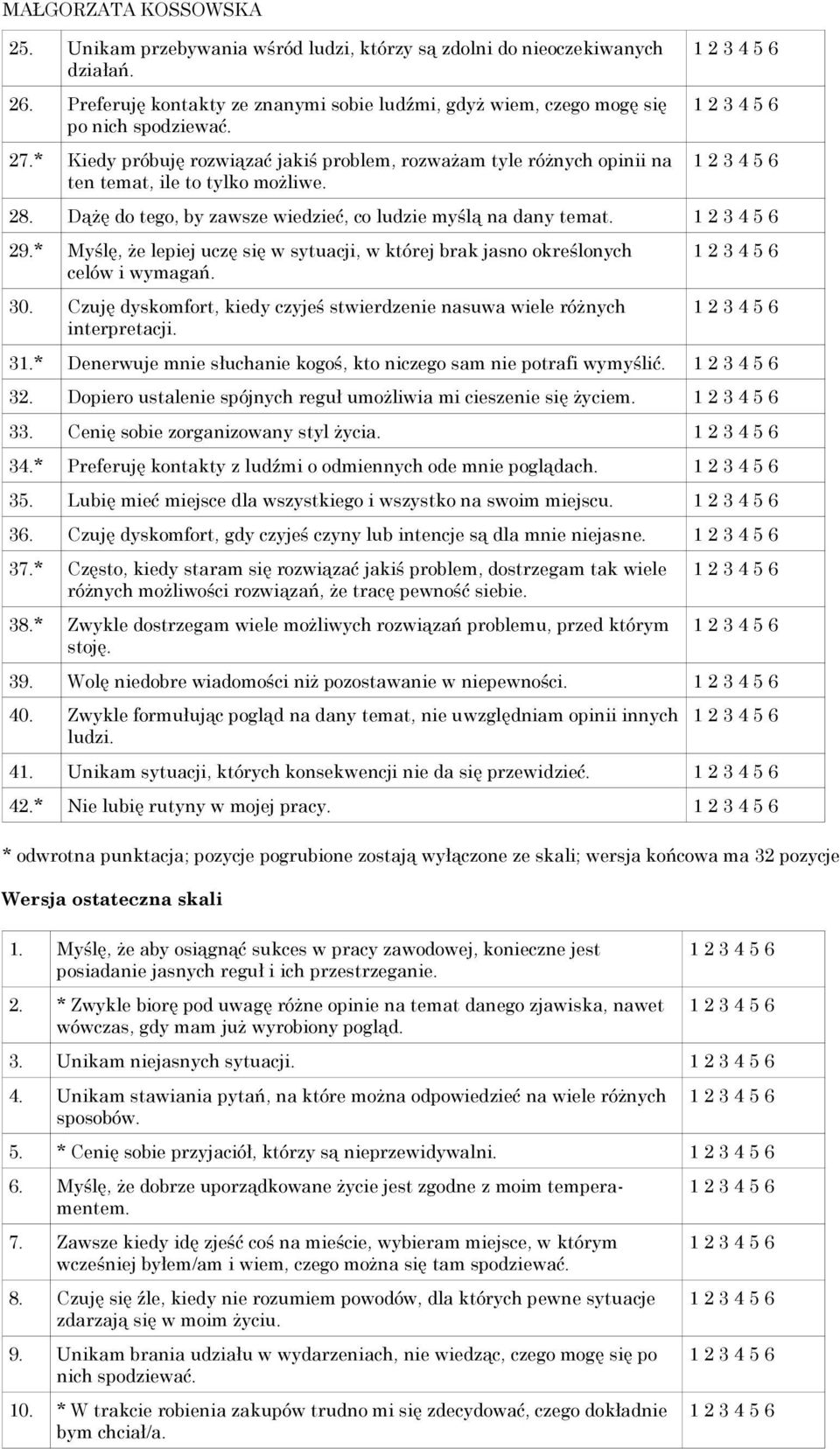 * Myślę, że lepiej uczę się w sytuacji, w której brak jasno określonych celów i wymagań. 30. Czuję dyskomfort, kiedy czyjeś stwierdzenie nasuwa wiele różnych interpretacji. 31.