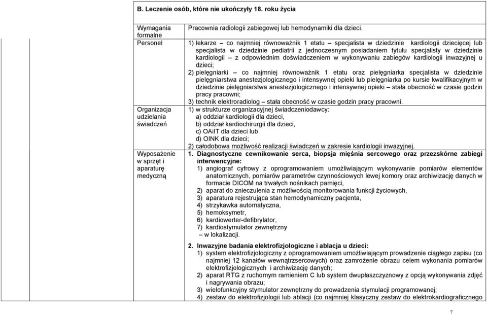 kardiologii z odpowiednim doświadczeniem w wykonywaniu zabiegów kardiologii inwazyjnej u dzieci; 2) pielęgniarki co najmniej równoważnik 1 etatu oraz pielęgniarka specjalista w dziedzinie