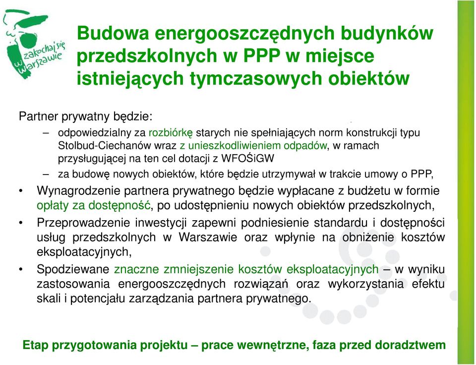 partnera prywatnego będzie wypłacane z budżetu w formie opłaty za dostępność, po udostępnieniu nowych obiektów przedszkolnych, Przeprowadzenie inwestycji zapewni podniesienie standardu i dostępności