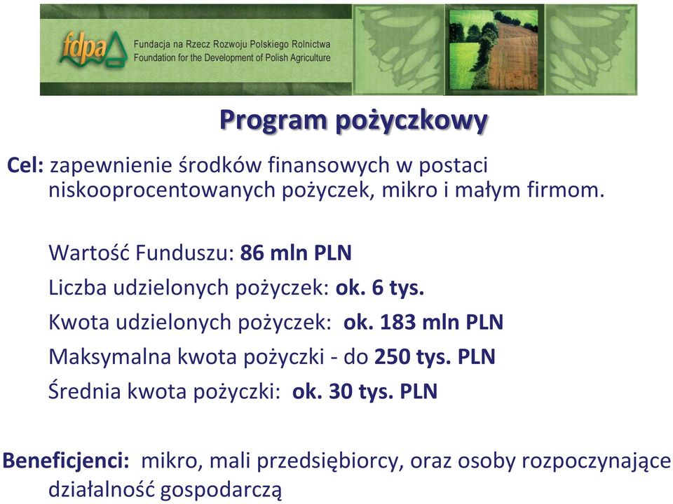 Kwota udzielonych pożyczek: ok. 183 mln PLN Maksymalna kwota pożyczki - do 250 tys.