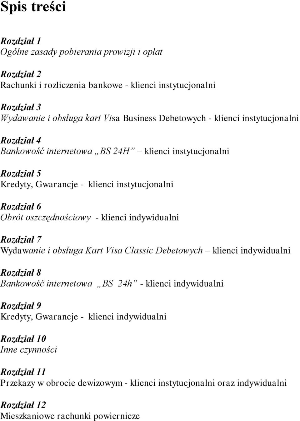 oszczędnościowy - klienci indywidualni Rozdział 7 Wydawanie i obsługa Kart Visa Classic Debetowych klienci indywidualni Rozdział 8 Bankowość internetowa BS 24h - klienci indywidualni