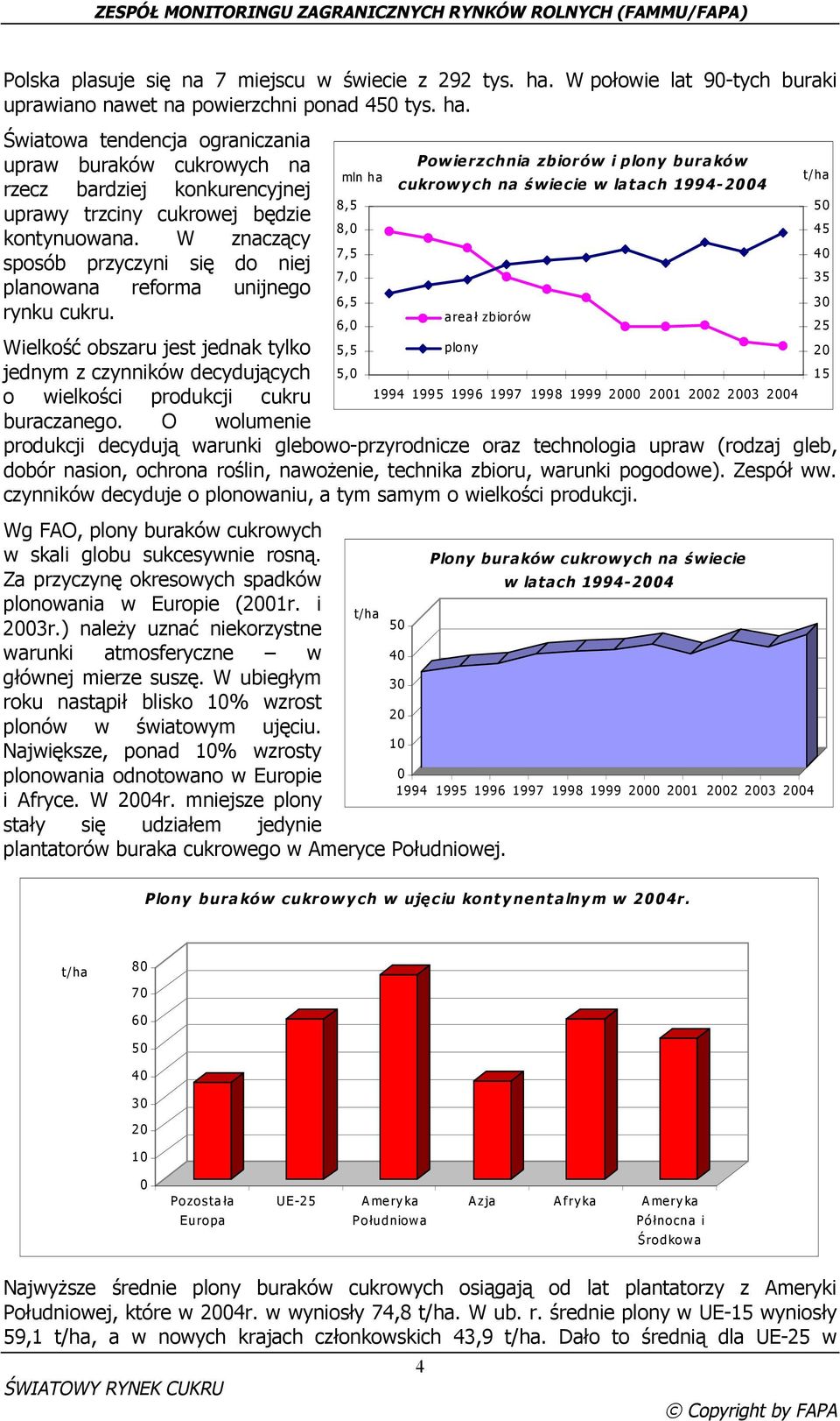 Światowa tendencja ograniczania upraw buraków cukrowych na Powierzchnia zbiorów i plony buraków mln ha rzecz bardziej konkurencyjnej cukrowych na ś wiecie w latach 1994-2004 t/ha uprawy trzciny