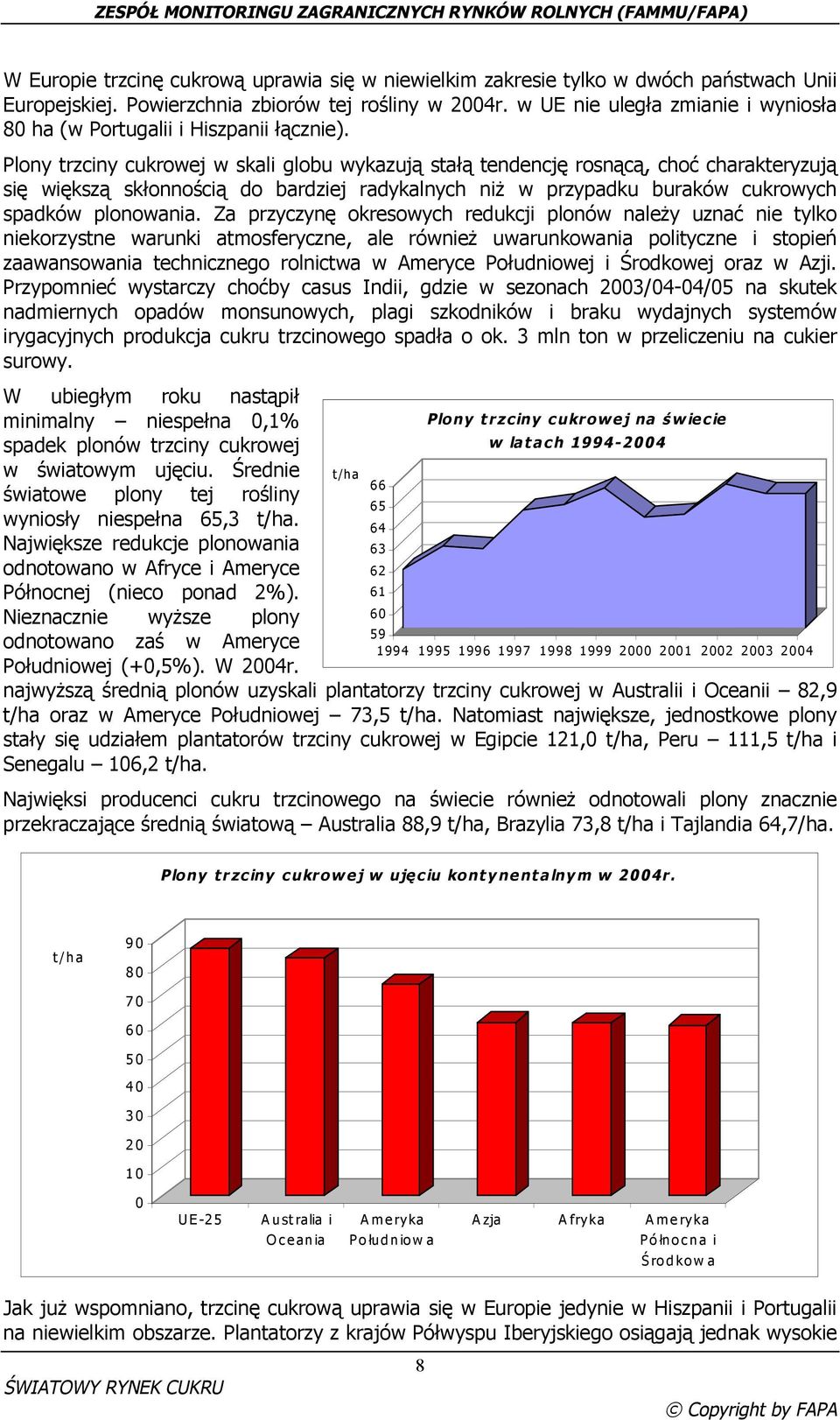 Plony trzciny cukrowej w skali globu wykazują stałą tendencję rosnącą, choć charakteryzują się większą skłonnością do bardziej radykalnych niż w przypadku buraków cukrowych spadków plonowania.
