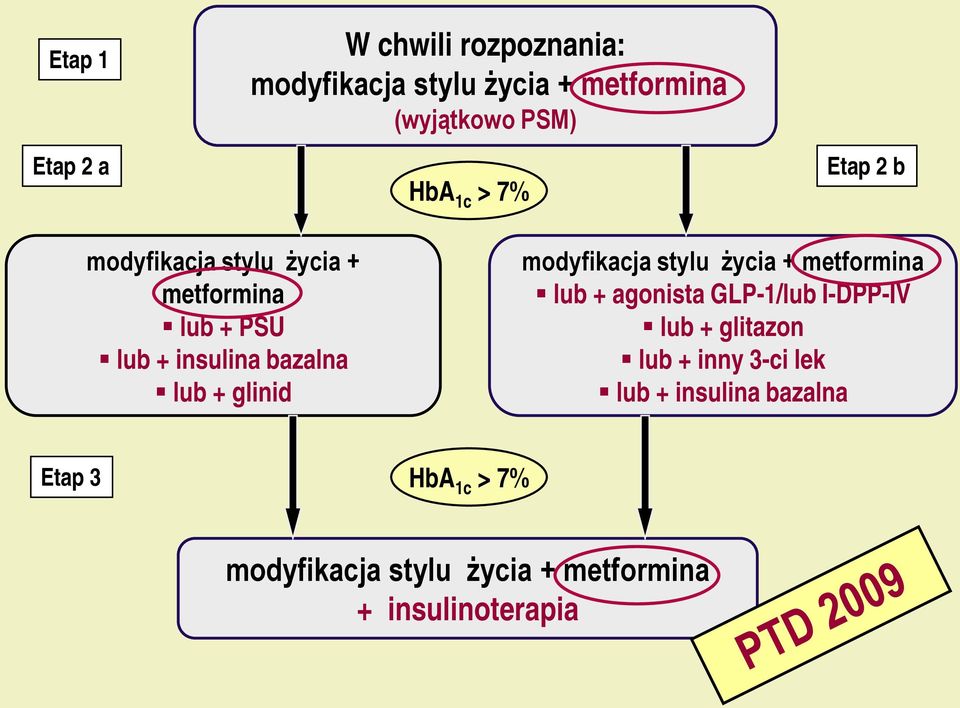 modyfikacja stylu życia + metformina lub + agonista GLP-1/lub I-DPP-IV lub + glitazon lub + inny