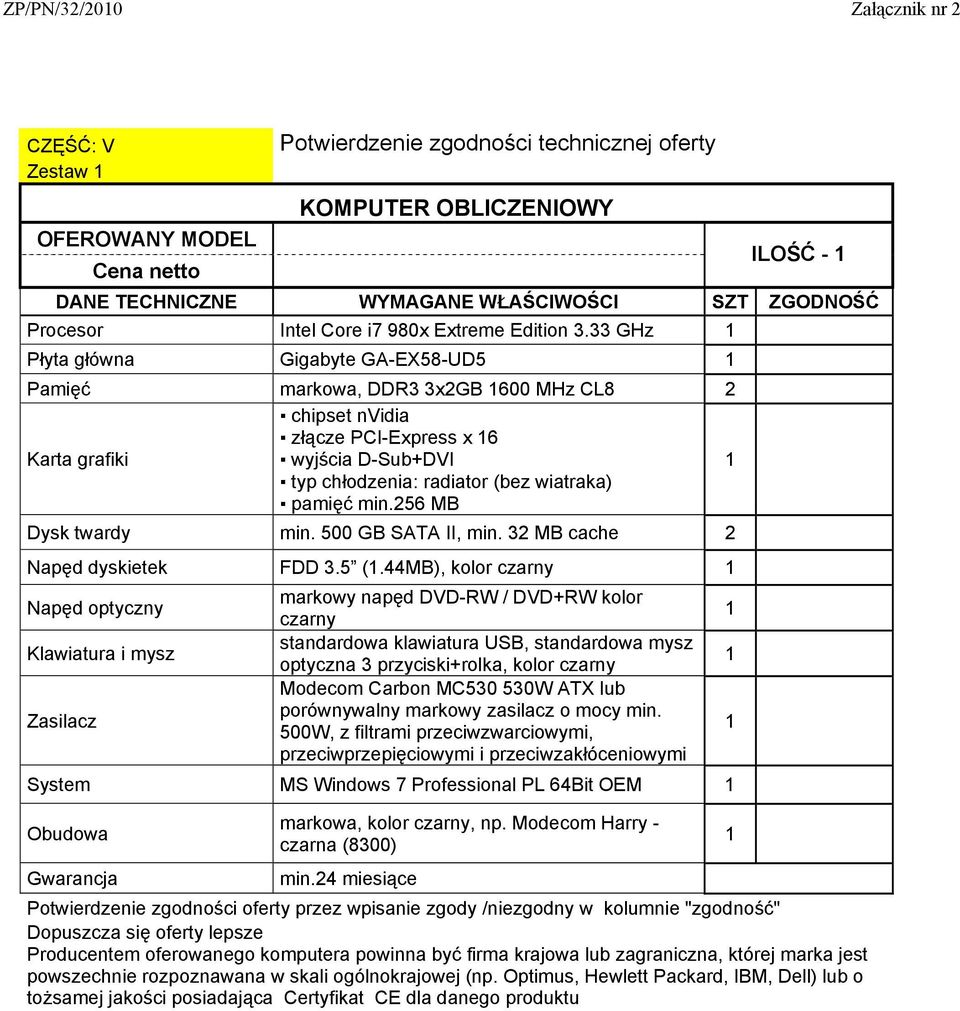 pamięć min.256 MB min. 500 GB SATA II, min. 32 MB cache 2 Napęd dyskietek FDD 3.5 (1.