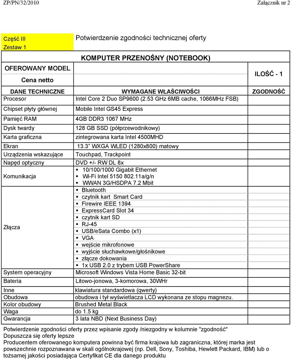 1067 MHz 128 GB SSD (półprzewodnikowy) zintegrowana karta Intel 4500MHD 13.3 WXGA WLED (1280x800) matowy Touchpad, Trackpoint DVD +/- RW DL 8x 10/100/1000 Gigabit Ethernet Wi-Fi Intel 5150 802.