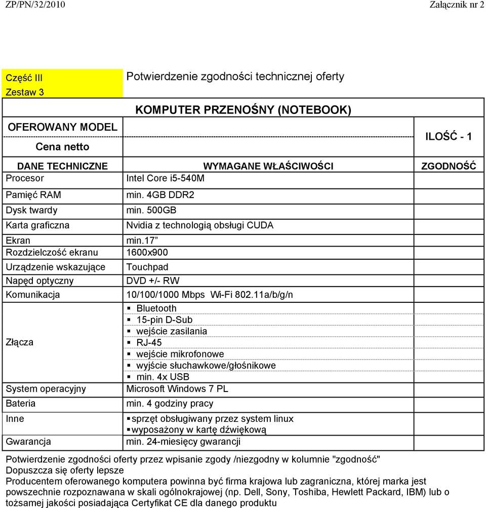 11a/b/g/n Bluetooth 15-pin D-Sub wejście zasilania RJ-45 wejście mikrofonowe wyjście słuchawkowe/głośnikowe min. 4x USB Microsoft Windows 7 PL min.