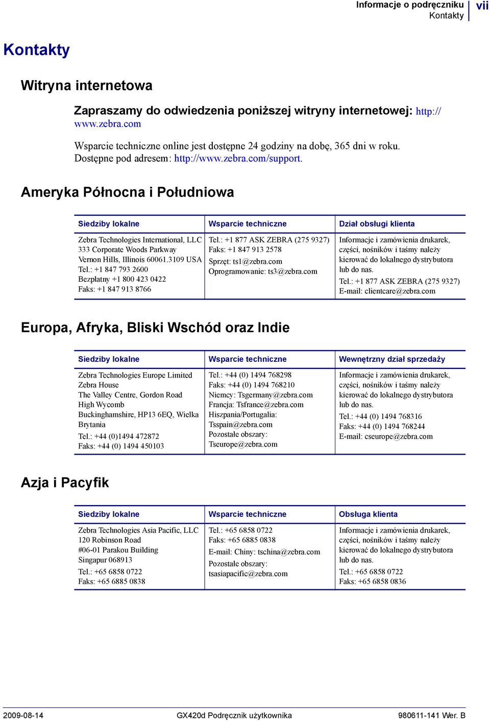 Ameryka Północna i Południowa Siedziby lokalne Wsparcie techniczne Dział obsługi klienta Zebra Technologies International, LLC 333 Corporate Woods Parkway Vernon Hills, Illinois 60061.3109 USA Tel.