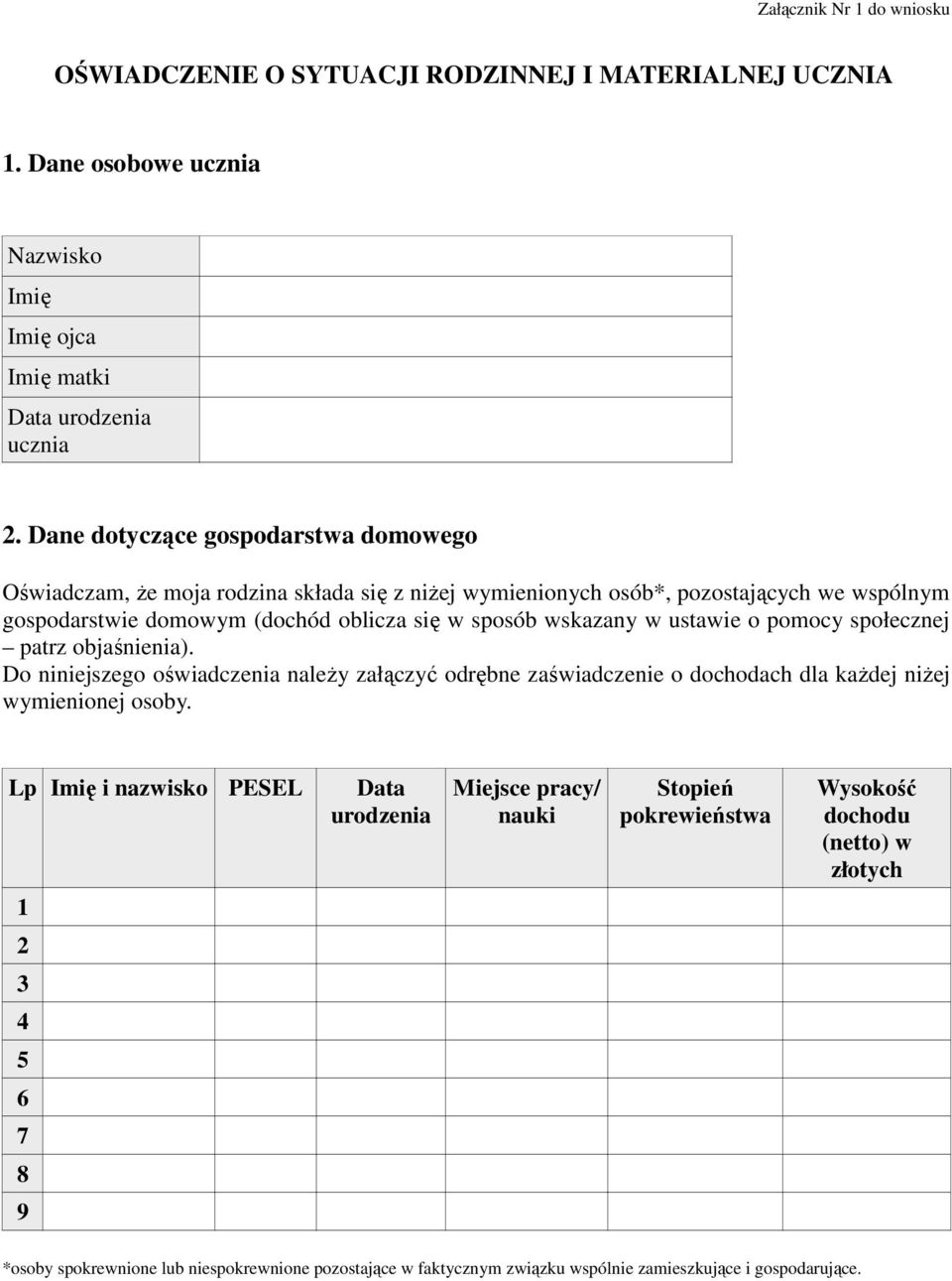 ustawie o pomocy społecznej patrz objaśnienia). Do niniejszego oświadczenia należy załączyć odrębne zaświadczenie o dochodach dla każdej niżej wymienionej osoby.
