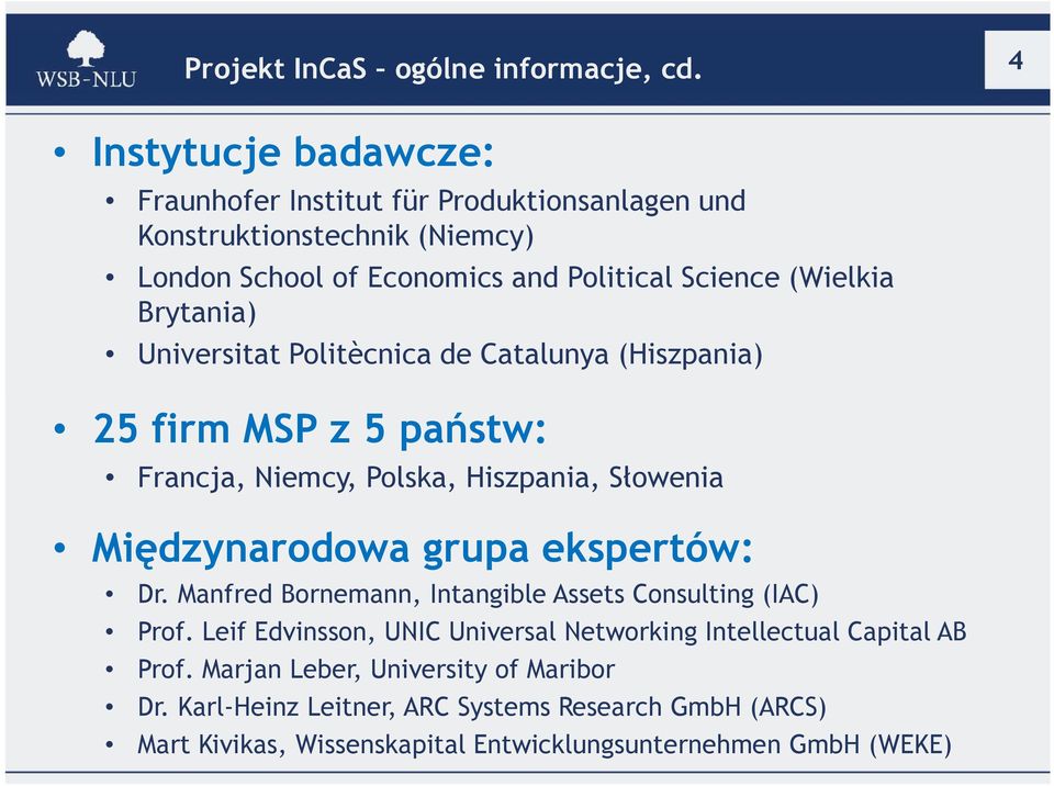 Brytania) Universitat Politècnica de Catalunya (Hiszpania) 25 firm MSP z 5 państw: Francja, Niemcy, Polska, Hiszpania, Słowenia Międzynarodowa grupa ekspertów: