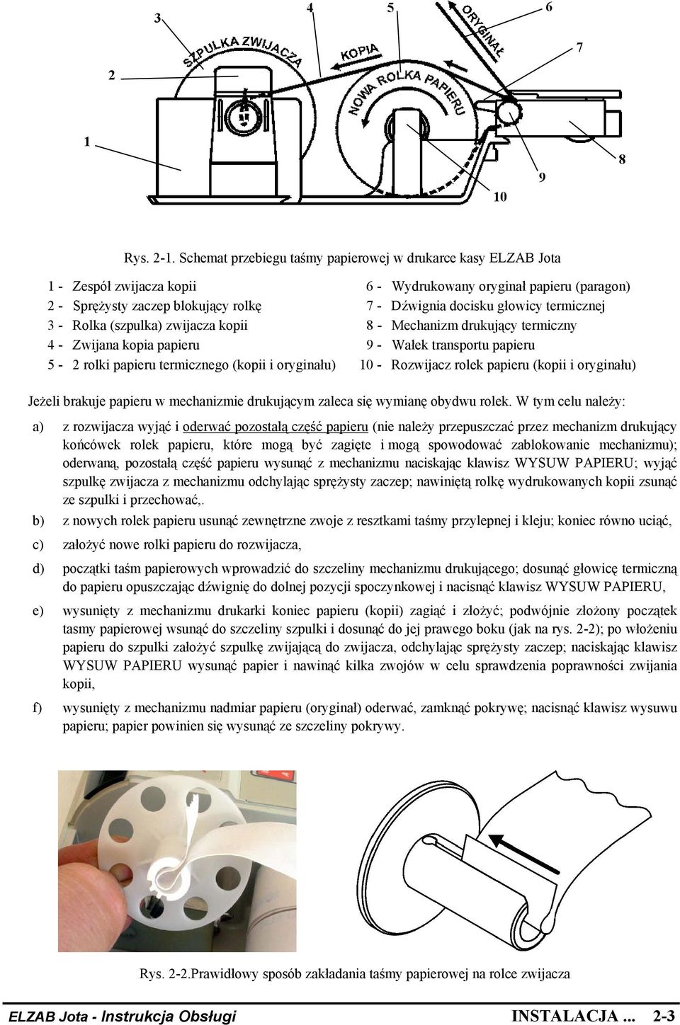 termicznej 3 - Rolka (szpulka) zwijacza kopii 8 - Mechanizm drukujący termiczny 4 - Zwijana kopia papieru 9 - Wałek transportu papieru 5-2 rolki papieru termicznego (kopii i oryginału) 10 - Rozwijacz