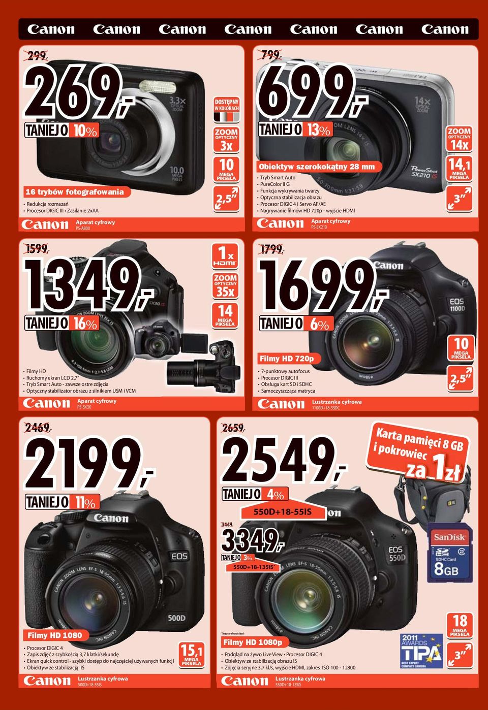 550D+18-55IS 550D+18-135IS * Tryb Smart uto PureColor II G Funkcja wykrywania twarzy Optyczna stabilizacja obrazu Procesor DIGIC 4 i Servo F/E Nagrywanie filmów HD 720p - wyjście HDMI 7-punktowy
