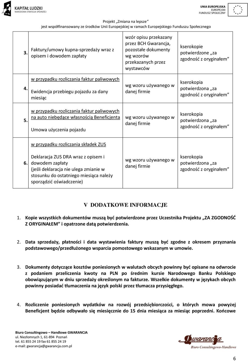 w przypadku rozliczania faktur paliwowych na auto niebędące własnością Beneficjenta Umowa użyczenia pojazdu kserokopia potwierdzona za w przypadku rozliczania składek ZUS 6.