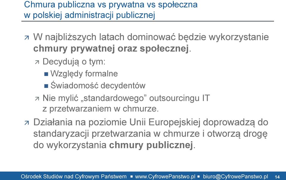 Decydują o tym: Względy formalne Świadomość decydentów Nie mylić standardowego outsourcingu IT z