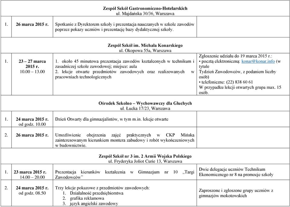 Michała Konarskiego ul. Okopowa 55a, Warszawa 1. około 45 minutowa prezentacja zawodów kształconych w technikum i zasadniczej szkole zawodowej; miejsce: aula 2.