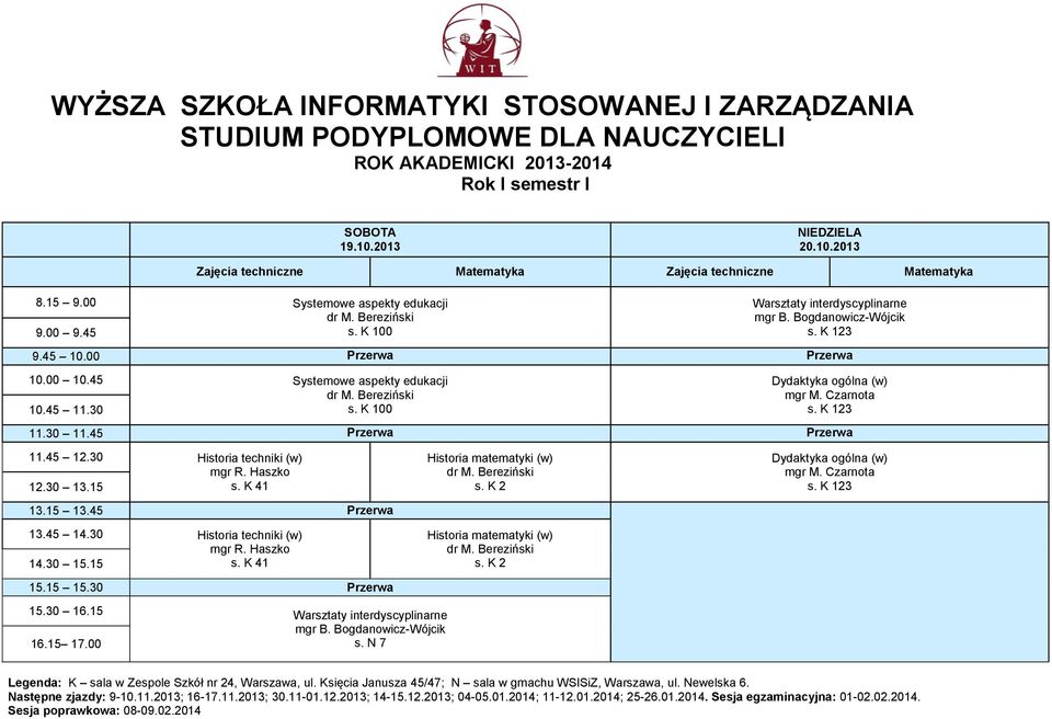 30 Historia techniki (w) Historia matematyki (w) Historia matematyki (w) Dydaktyka ogólna (w) s. K 123 15.30 16.