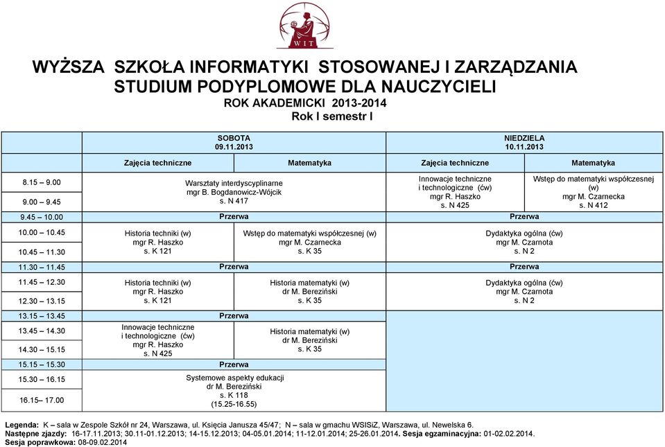 30 Historia techniki (w) s. K 121 13.45 14.30 15.30 16.15 Systemowe aspekty edukacji s. K 118 (15.25-16.