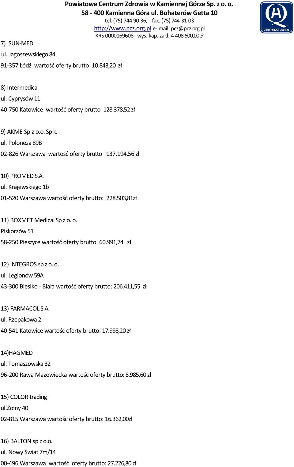 503,81zł 11) BOXMET Medical Sp z o. o. Piskorzów 51 58-250 Pieszyce wartość oferty brutto 60.991,74 zł 12) INTEGROS sp z o. o. ul. Legionów 59A 43-300 Bieslko - Biała wartość oferty brutto: 206.