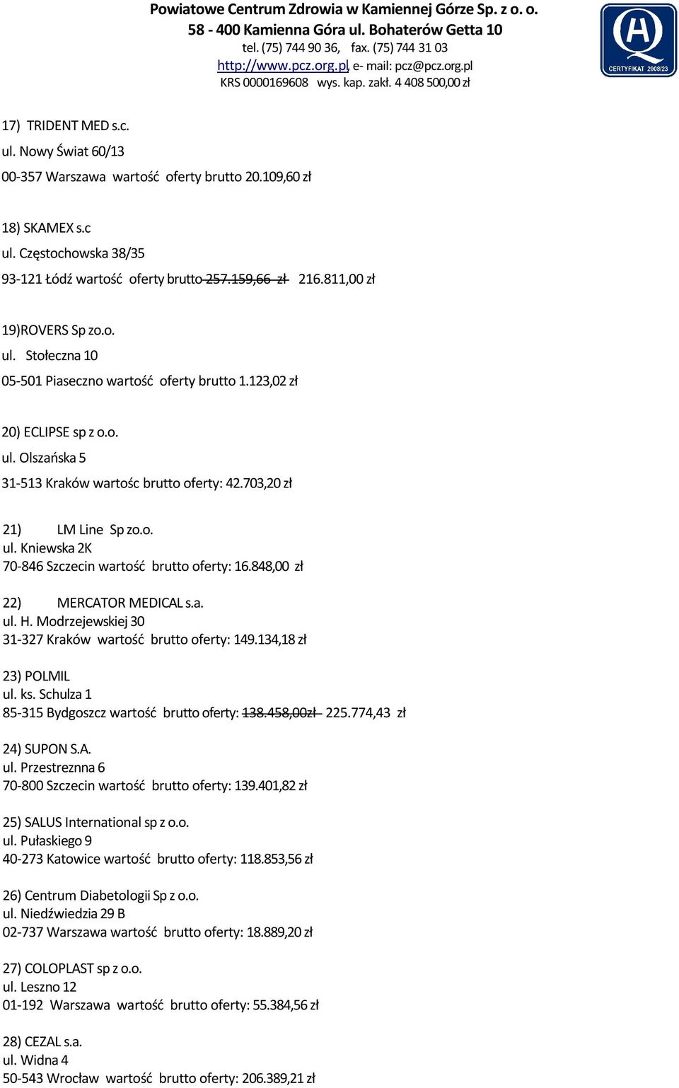 703,20 zł 21) LM Line Sp zo.o. ul. Kniewska 2K 70-846 Szczecin wartość brutto oferty: 16.848,00 zł 22) MERCATOR MEDICAL s.a. ul. H. Modrzejewskiej 30 31-327 Kraków wartość brutto oferty: 149.