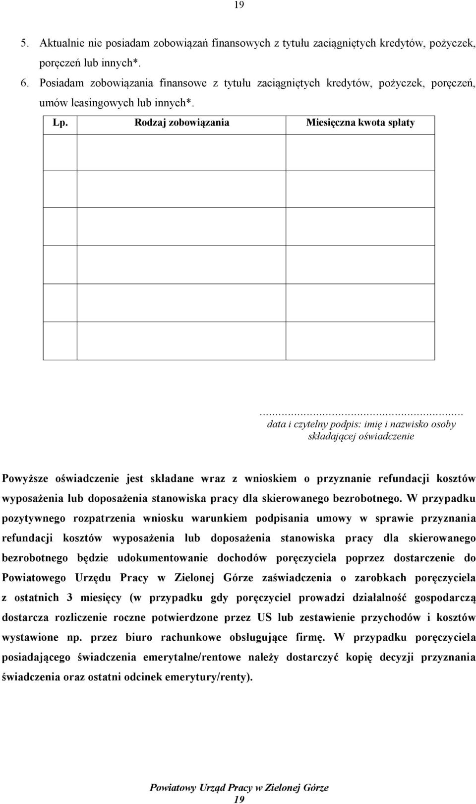 .. data i czytelny podpis: imię i nazwisko osoby składającej oświadczenie Powyższe oświadczenie jest składane wraz z wnioskiem o przyznanie refundacji kosztów wyposażenia lub doposażenia stanowiska