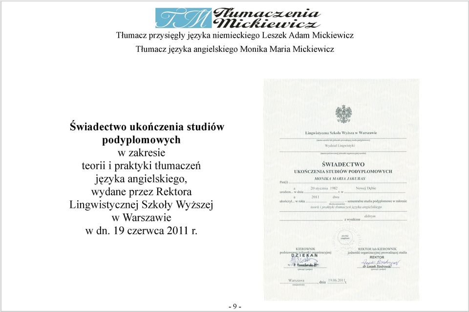 angielskiego, wydane przez Rektora