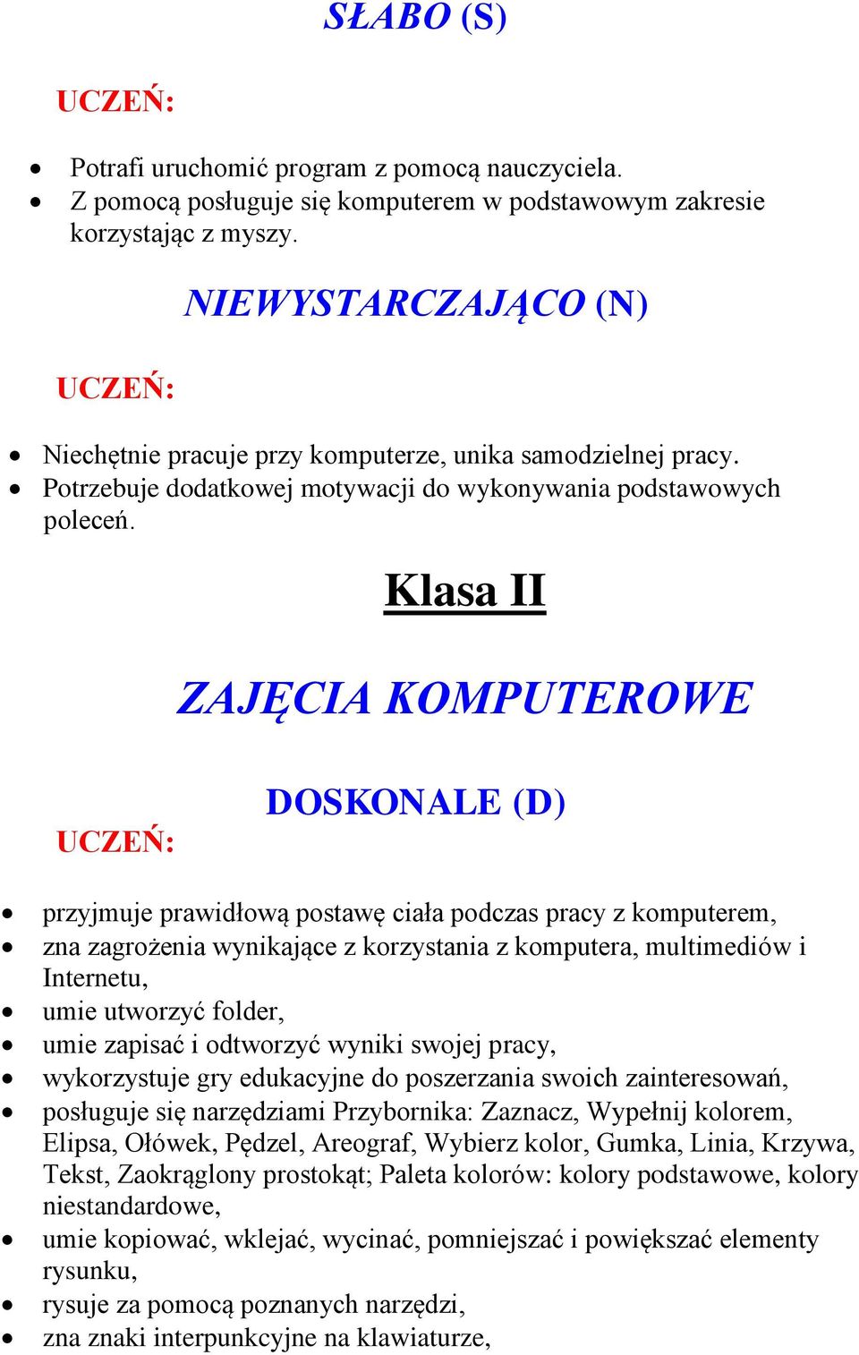 Klasa II ZAJĘCIA KOMPUTEROWE DOSKONALE (D) przyjmuje prawidłową postawę ciała podczas pracy z komputerem, zna zagrożenia wynikające z korzystania z komputera, multimediów i Internetu, umie utworzyć