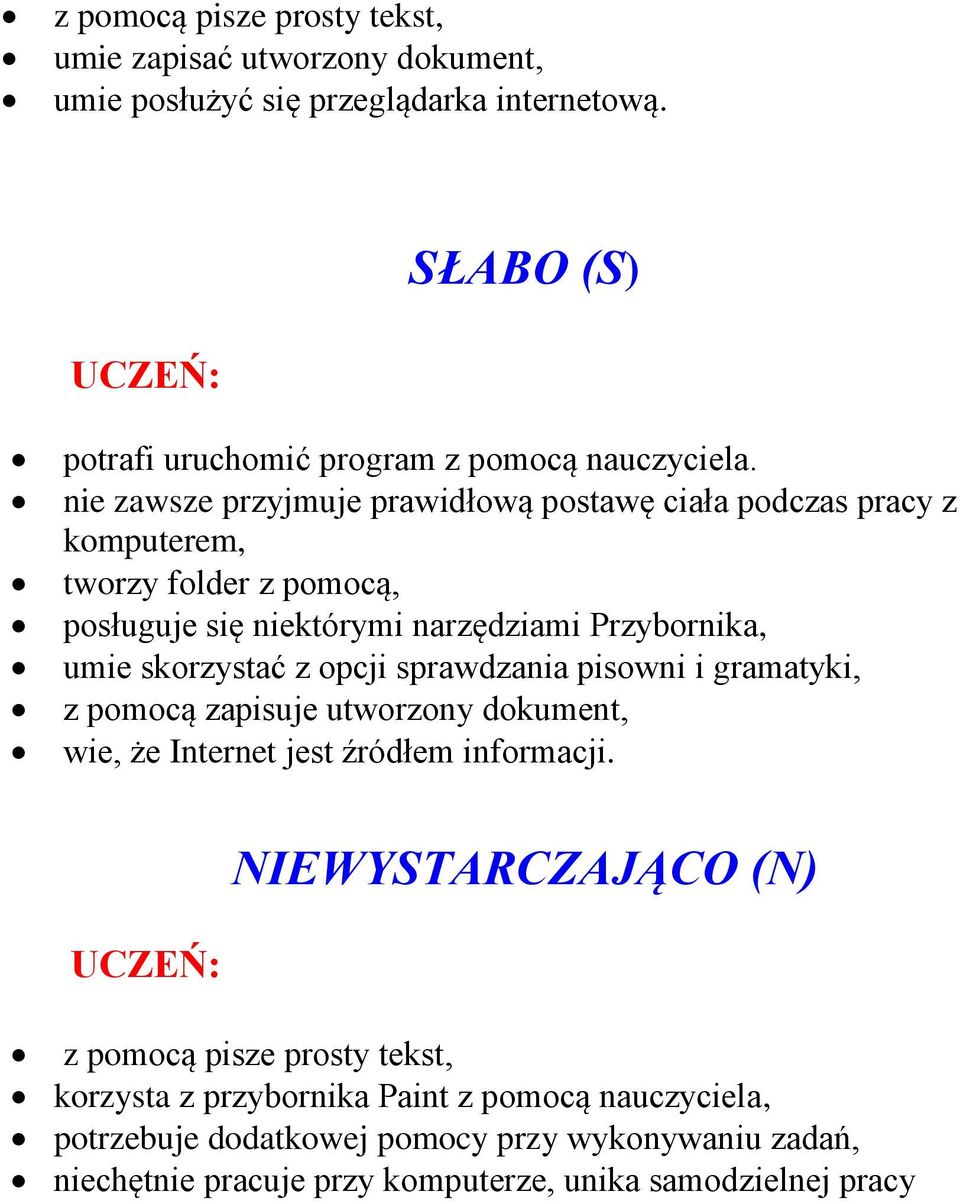 nie zawsze przyjmuje prawidłową postawę ciała podczas pracy z komputerem, tworzy folder z pomocą, posługuje się niektórymi narzędziami Przybornika, z