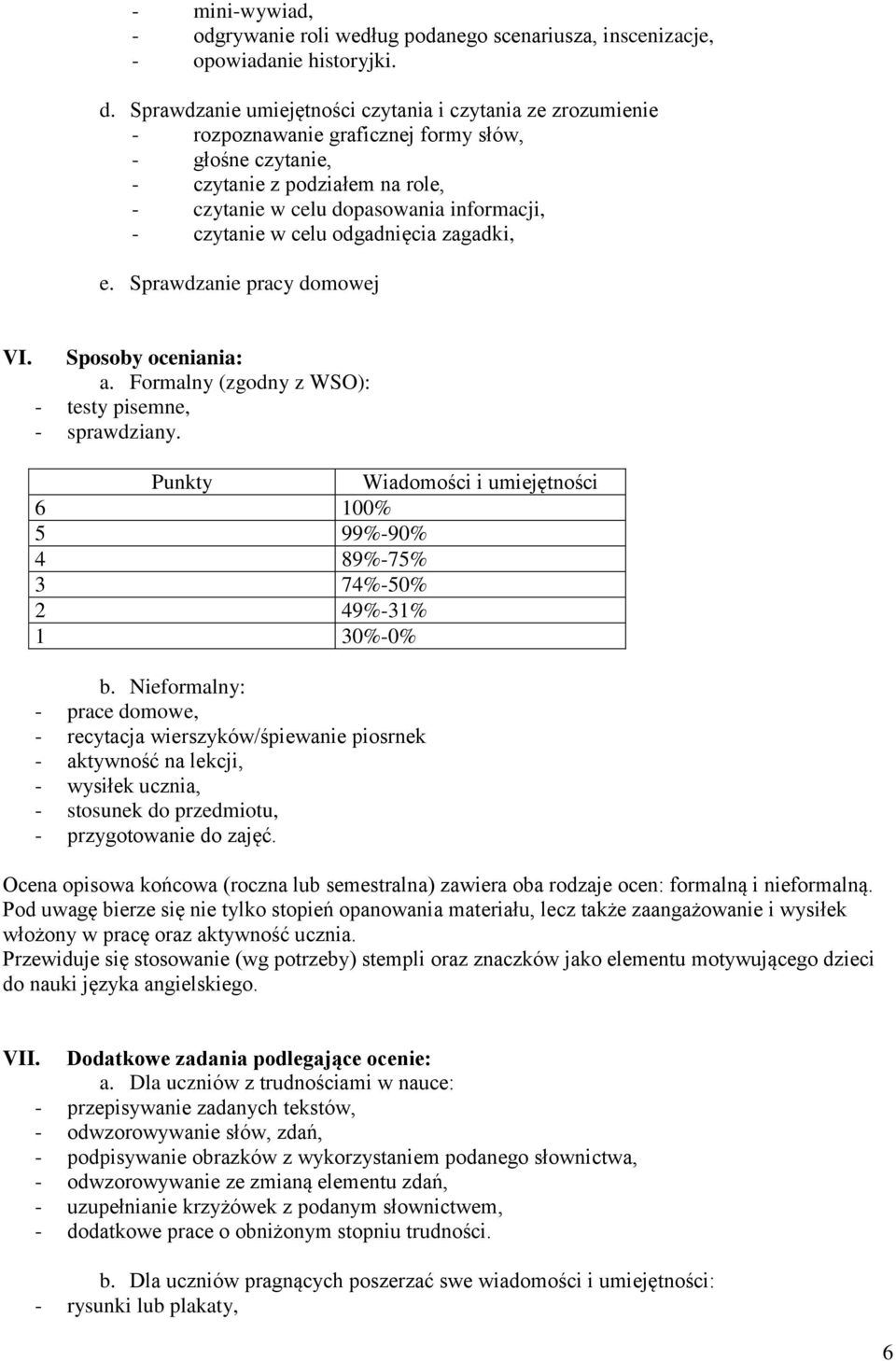 czytanie w celu odgadnięcia zagadki, e. Sprawdzanie pracy domowej VI. Sposoby oceniania: a. Formalny (zgodny z WSO): - testy pisemne, - sprawdziany.