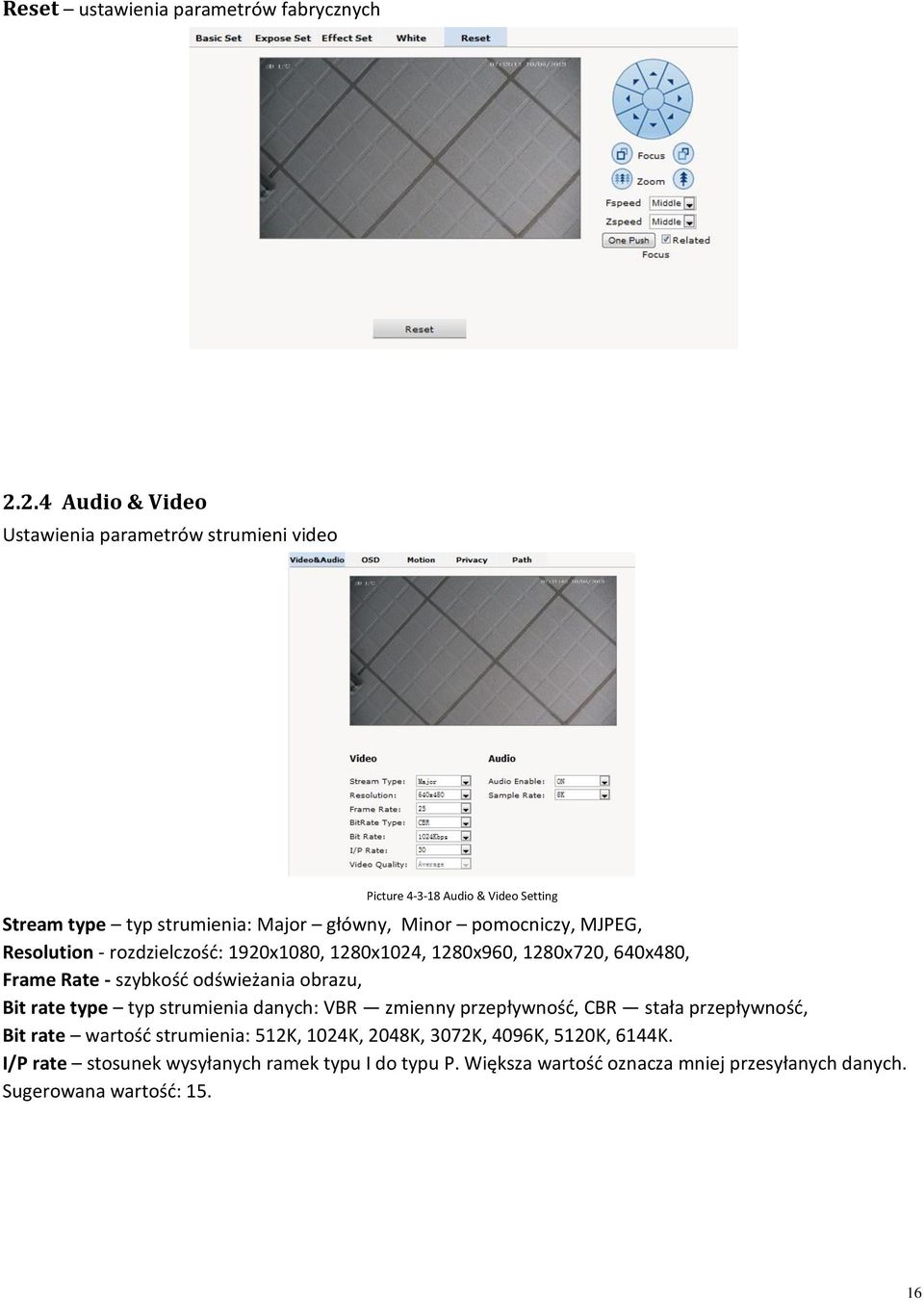MJPEG, Resolution - rozdzielczość: 1920x1080, 1280x1024, 1280x960, 1280x720, 640x480, Frame Rate - szybkość odświeżania obrazu, Bit rate type typ