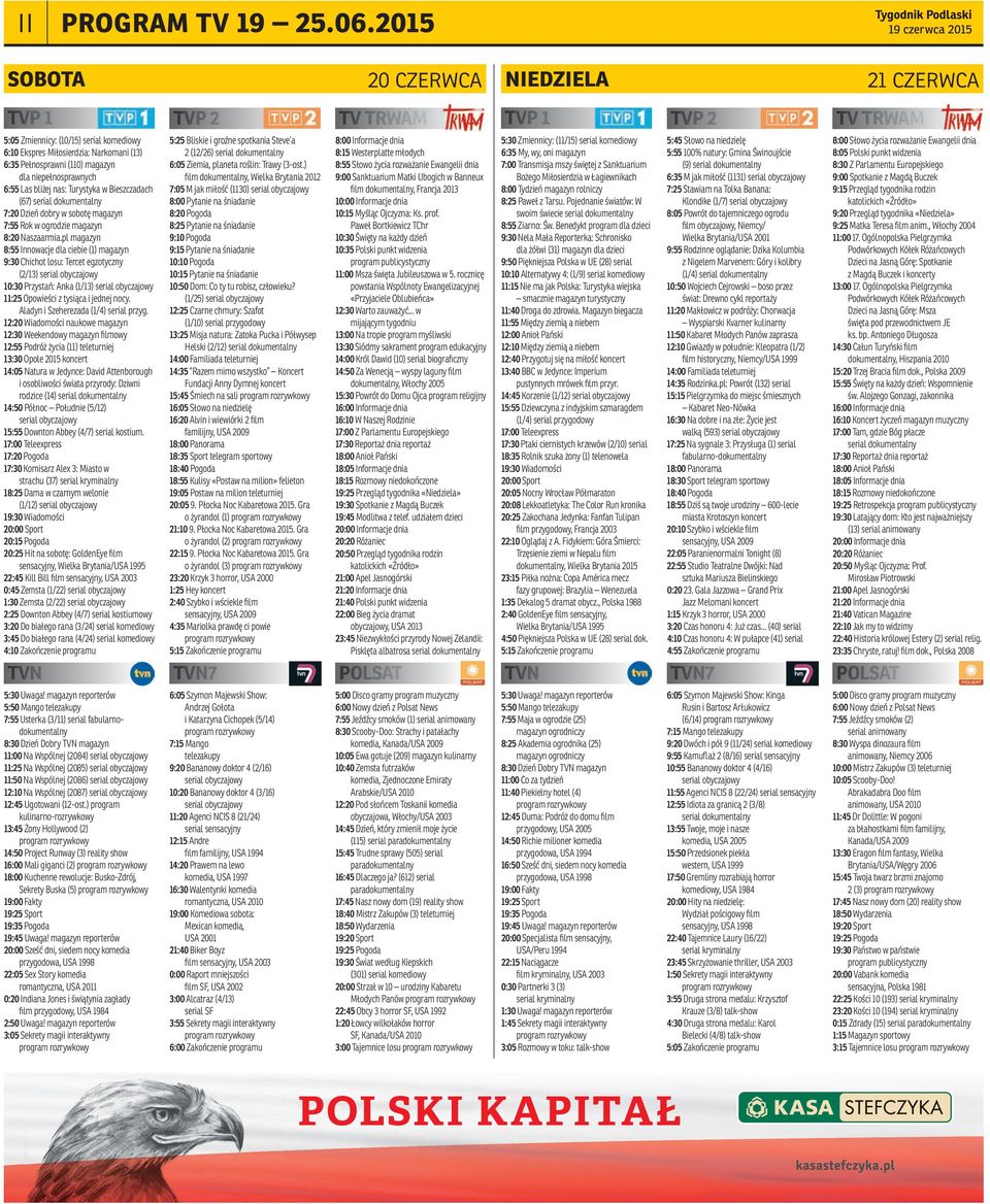 magazyn dla niepełnosprawnych 6:55 Las bliżej nas: Turystyka w Bieszczadach (67) serial dokumentalny 7:20 Dzień dobry w sobotę magazyn 7:55 Rok w ogrodzie magazyn 8:20 Naszaarmia.