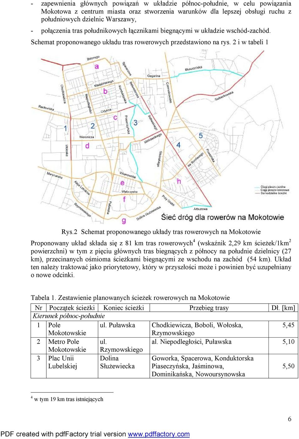 2 Schemat proponowanego układy tras rowerowych na Mokotowie Proponowany układ składa się z 81 km tras rowerowych 4 (wskaźnik 2,29 km ścieżek/1km 2 powierzchni) w tym z pięciu głównych tras biegnących
