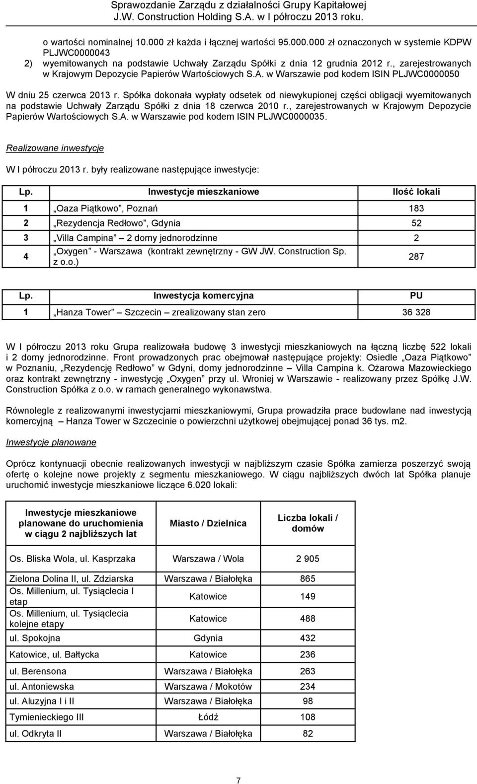 Spółka dokonała wypłaty odsetek od niewykupionej części obligacji wyemitowanych na podstawie Uchwały Zarządu Spółki z dnia 18 czerwca 2010 r.