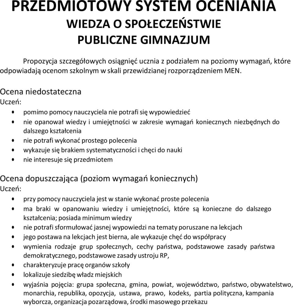 Ocena niedostateczna pomimo pomocy nauczyciela nie potrafi się wypowiedzieć nie opanował wiedzy i umiejętności w zakresie wymagań koniecznych niezbędnych do dalszego kształcenia nie potrafi wykonać