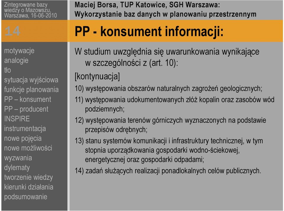 wód podziemnych; 12) występowania terenów górniczych wyznaczonych na podstawie przepisów odrębnych; 13) stanu systemów komunikacji i