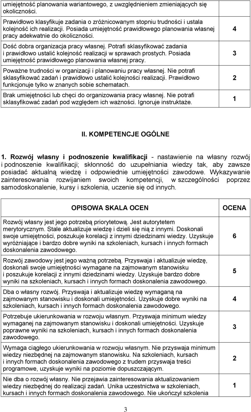 Potrafi sklasyfikować zadania i prawidłowo ustalić kolejność realizacji w sprawach prostych. Posiada umiejętność prawidłowego planowania własnej pracy.