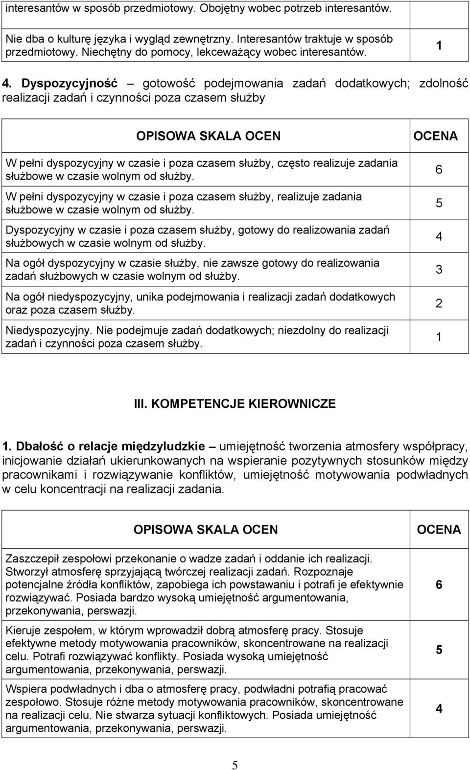 . Dyspozycyjność gotowość podejmowania zadań dodatkowych; zdolność realizacji zadań i czynności poza czasem służby W pełni dyspozycyjny w czasie i poza czasem służby, często realizuje zadania